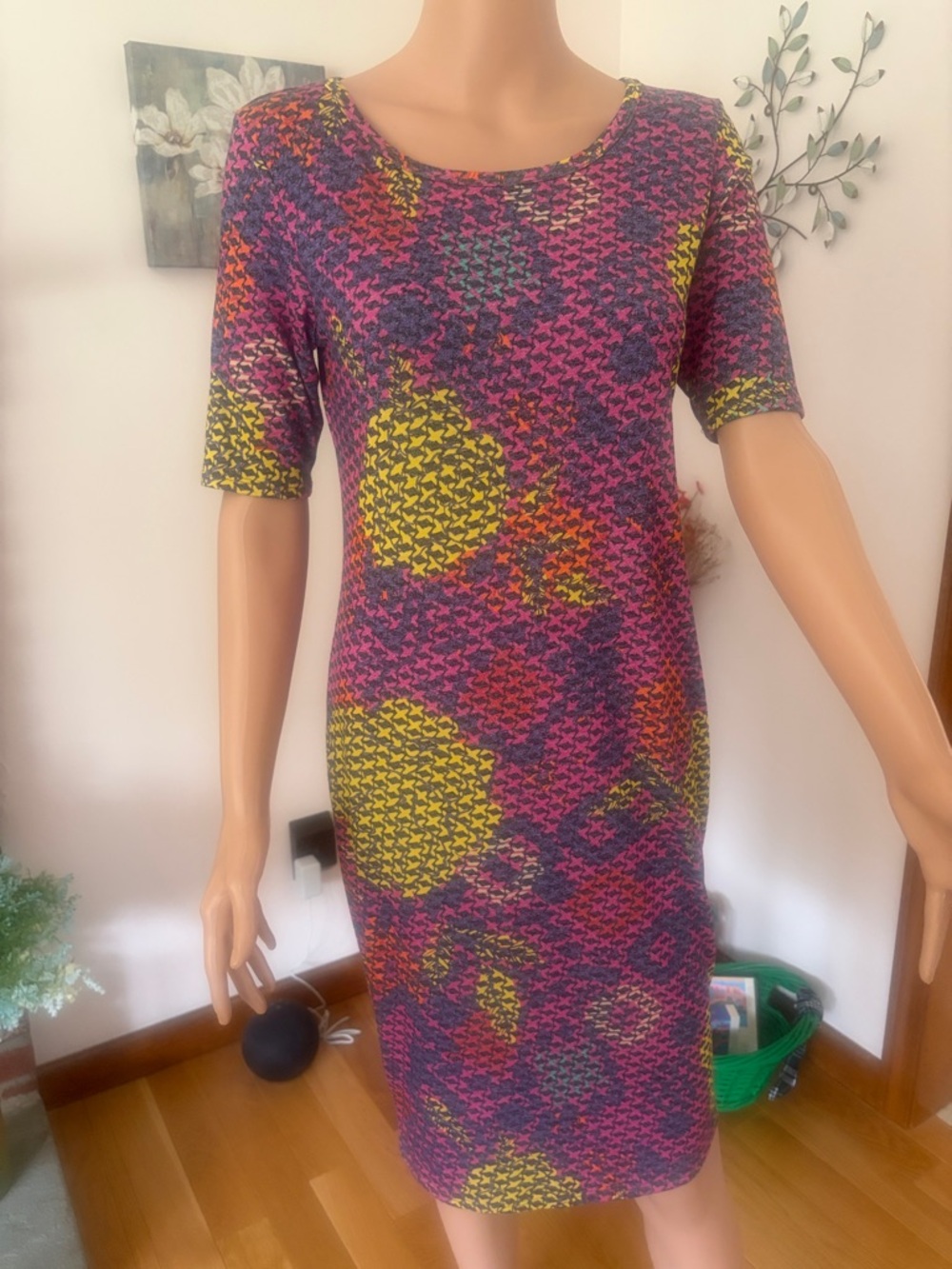 LuLaRoe Multicolor Midi Dress in Purple, Pink & Yellow